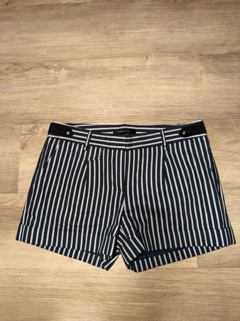 BCBGMaxAzria Navy and White Vertical Stripe Cuffed Shorts
